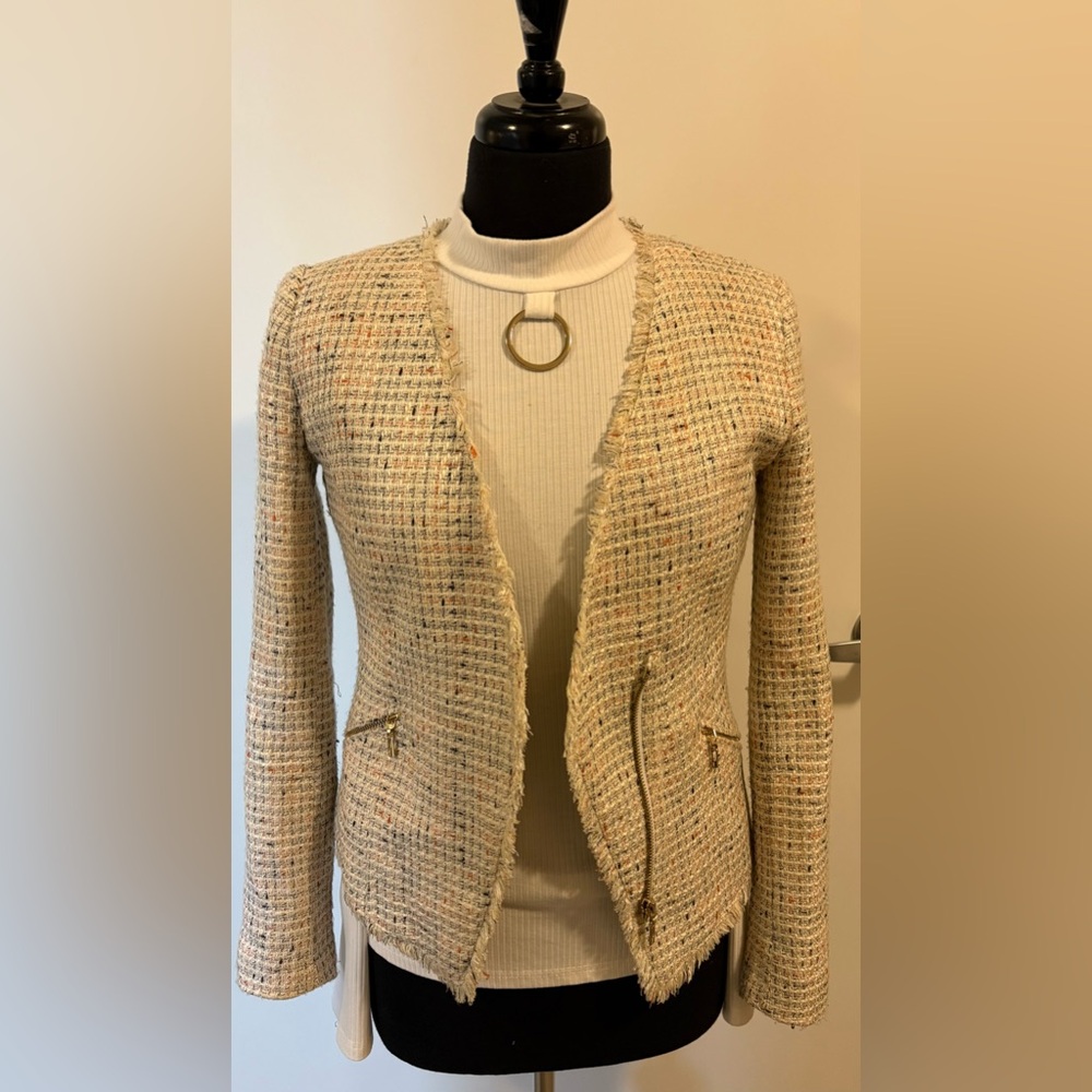 Mango Cream Tweed Blazer with Gold Zipper Details